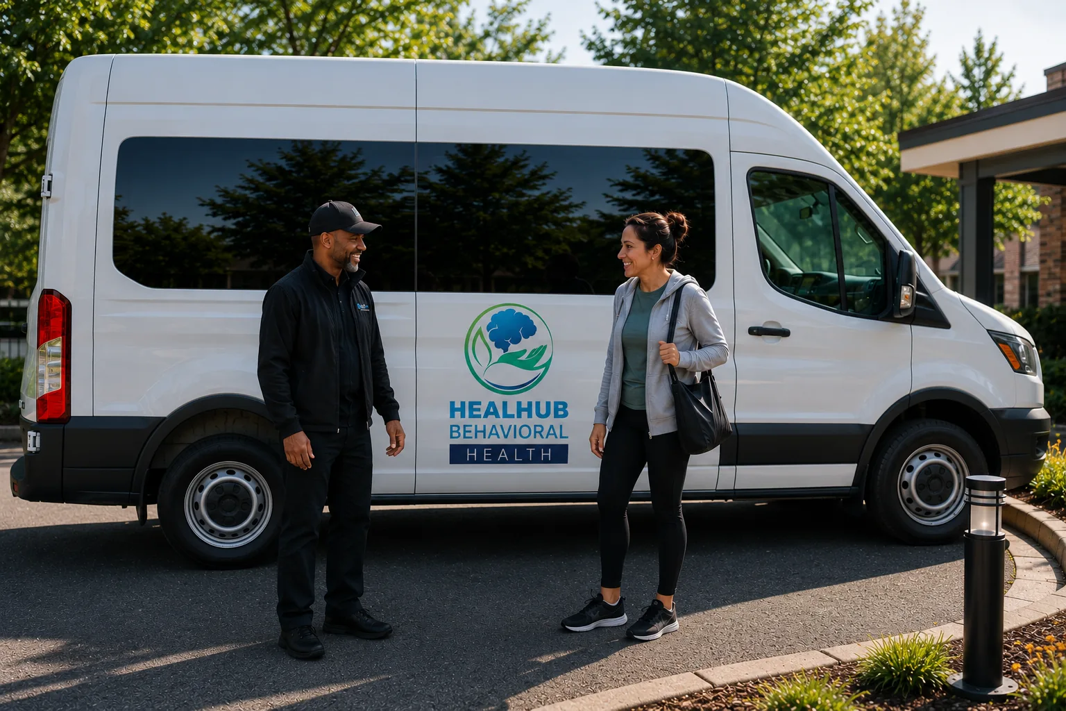 A smiling HealHub driver and client standing beside a HealHub transportation van with the HealHub Behavioral Health logo on the door