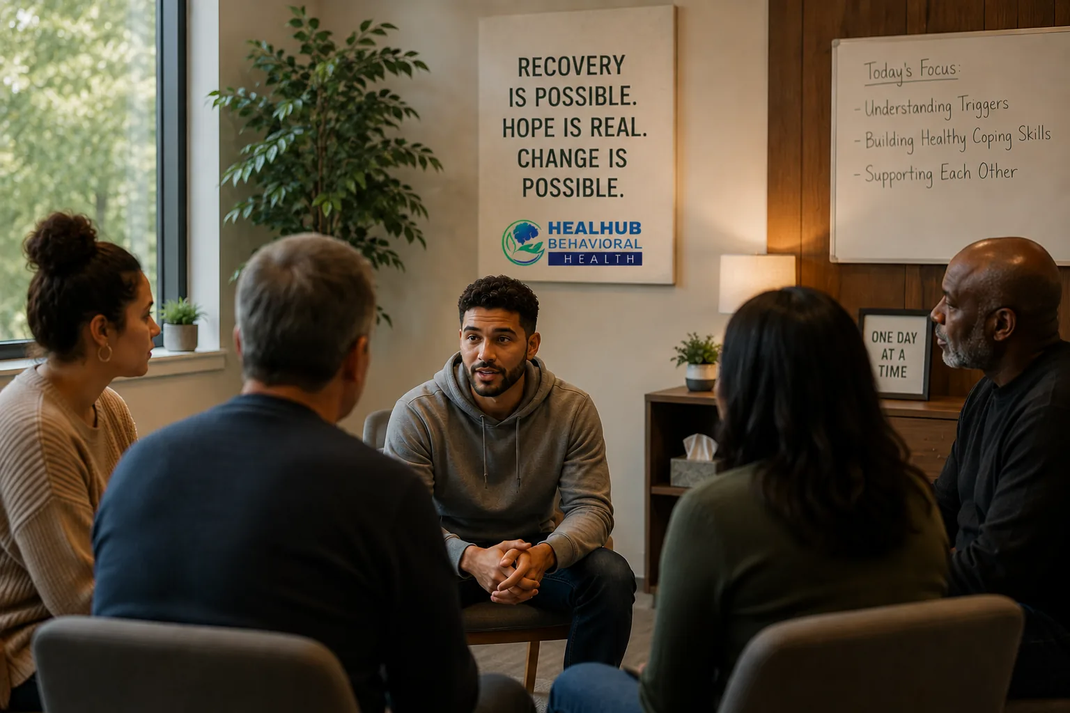 A client and clinician sitting together, talking in a warm counseling room